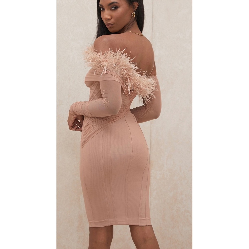 House of CB London Pink NAIRA 
Blush Mesh Corset Feather Dress - Small - Picture 2 of 8